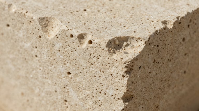 A macro photograph of a beige travertine stone, showing the characteristic porous texture and warm cream tones in a global professional context.