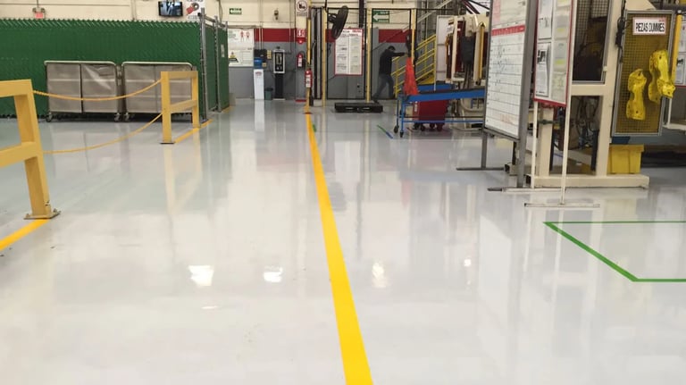 piso industrial epóxico de alto desempeño con demarcación operativa