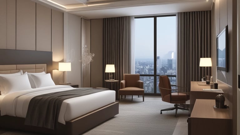 Happy hotel guests enjoying a comfortable and stylish room.