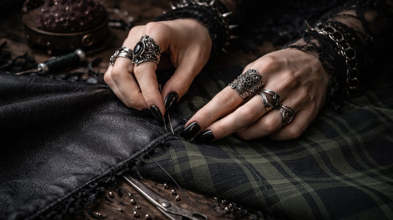 Manos de persona alterativa cosiendo dos pedazos de tela