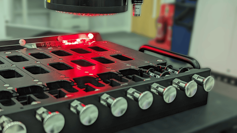 Multi-nest metrology fixture holding small thin medical devices whilst being inspected by an optical CMM.