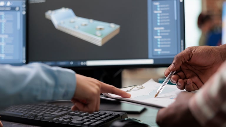 Engineers discuss design of mechanical component in front of CAD image of component.