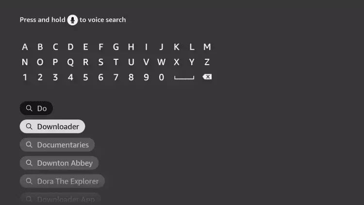 Smart TV on-screen keyboard interface showing search results for Downloader app and documentaries.