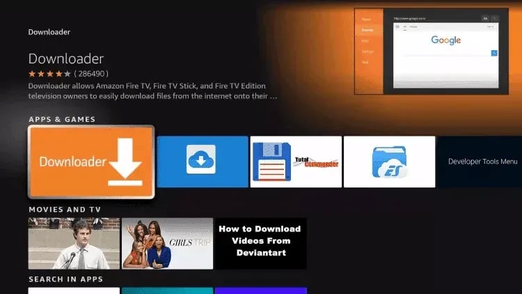 The Downloader app interface on Amazon Fire TV showing the apps and games menu for sideloading files.