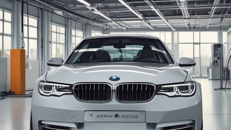 A BMW being expertly repaired with precision tools in a clean, modern garage.
