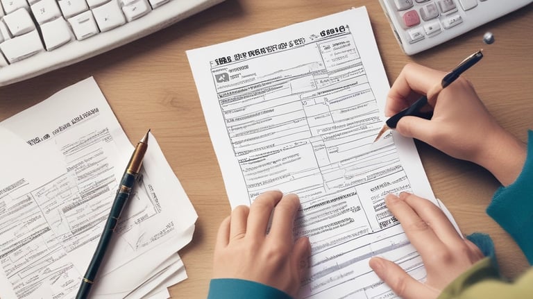 Close-up of hands calculating taxes with a calculator and paperwork