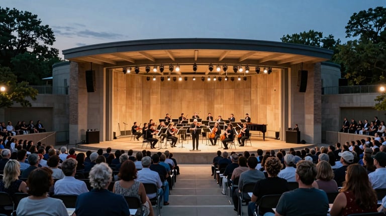 A wide shot of a beautiful outdoor amphitheater in Indianapolis at dusk, filled with an audience watching an orchestra perform under warm lights.