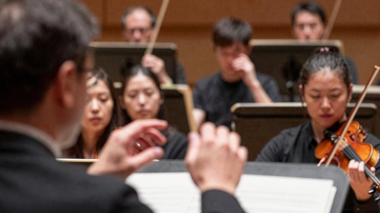 A photograph from behind a conductor's shoulder, showing their hands and the orchestra members looking up with focus during a rehearsal.