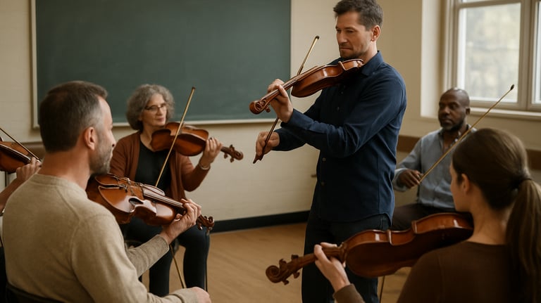 A classroom setting where a group of adults are attending a music workshop, with violins in hand, being guided by a lead musician in dark navy attire.