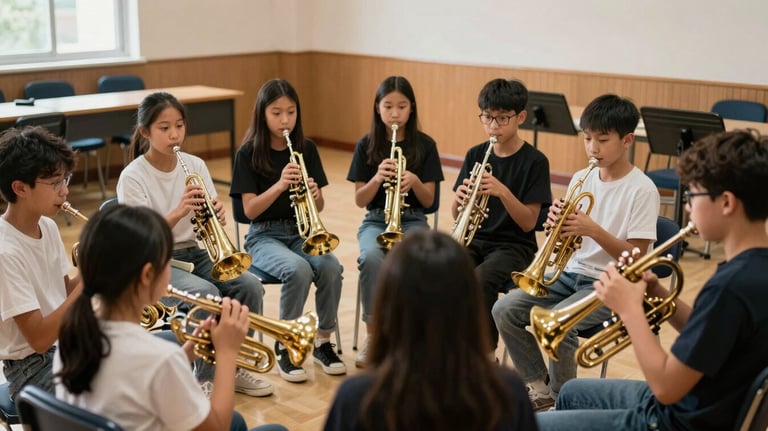 A group of young students sitting in a circle in a brightly lit school music room, holding brass instruments and listening intently to an instructor.
