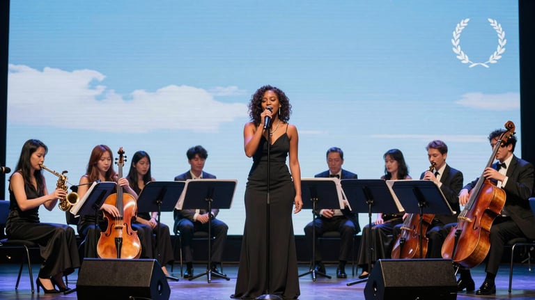 A vibrant photograph of a collaborative performance where an orchestral ensemble is backing a modern local jazz singer on a stage lit with steel blue and pale sky blue lights.