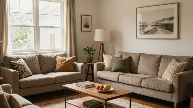 A cozy living room with comfortable seating and warm lighting.