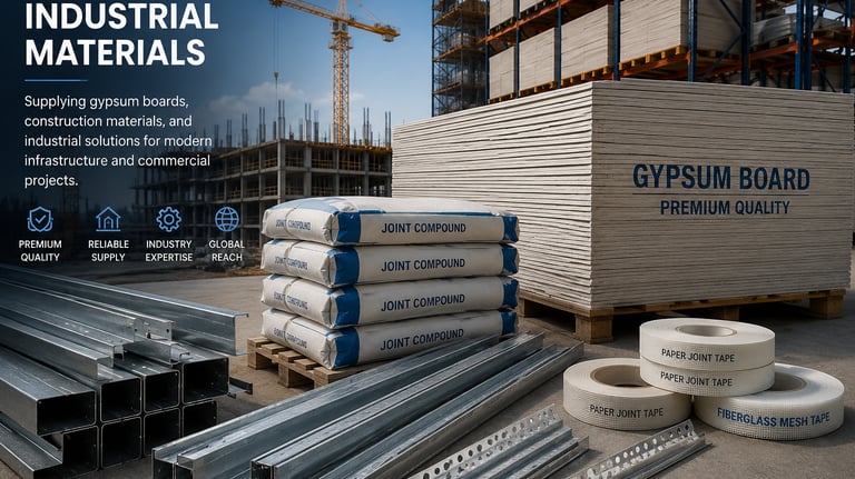 Industrial construction materials including gypsum boards, aggregates, artificial sand, and TMT stee