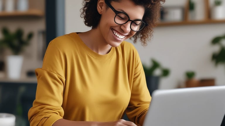 A small business owner happily reviewing a website design on a laptop