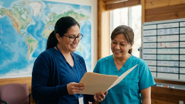 Deux soignantes souriantes examinent les dossiers médicaux des patients.