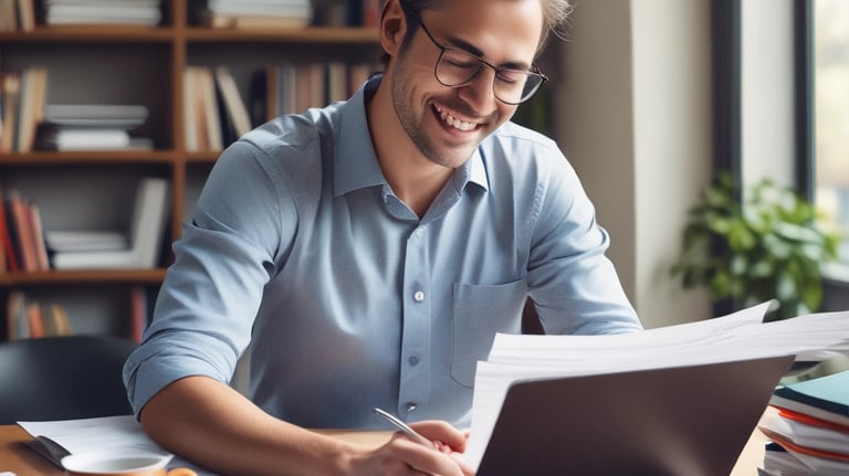 A relaxed entrepreneur reviewing GST compliance documents with a smile.