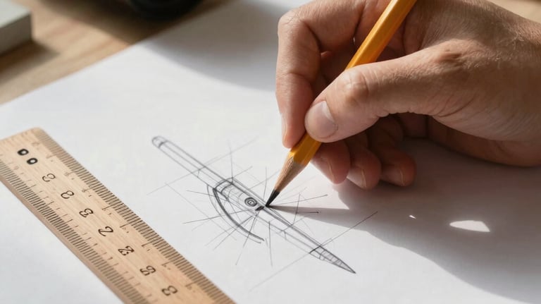A close-up shot of a hand using a wooden folding ruler and a pencil to draw a precise technical sketch on white paper in a sunny room.