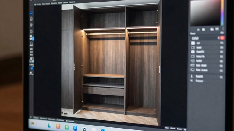 A close-up of a laptop screen displaying a professional CAD 3D model of a modern wardrobe interior with integrated lighting.
