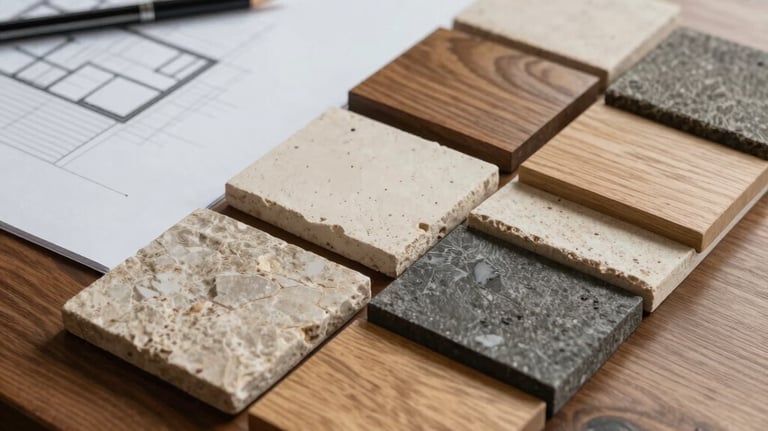 A professional presentation of material samples like oak, stone, and fabric next to a clean architectural floor plan on a wooden desk.