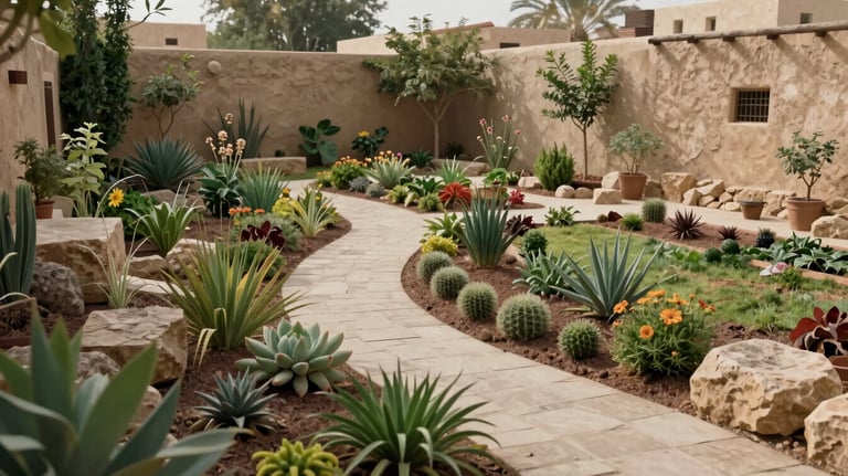 A wide shot of a Middle Eastern / Gulf backyard transformed into a permaculture landscape with winding paths, diverse plant species, and stone elements.