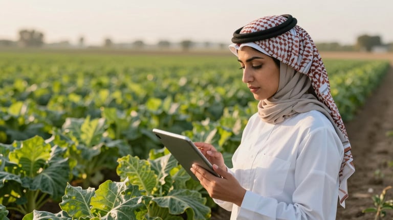 A professional Middle Eastern / Gulf female agricultural engineer holding a digital tablet while inspecting a field of sustainable crops, soft sunlight.