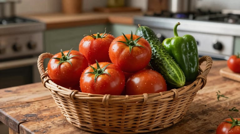 A basket filled with freshly harvested tomatoes, cucumbers, and peppers on a rustic wooden table in a Middle Eastern / Gulf farm kitchen.