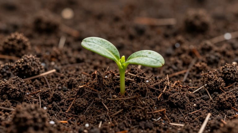 Macro shot of rich, dark compost soil with a small green sprout emerging, symbolizing regenerative agriculture, soft natural lighting.