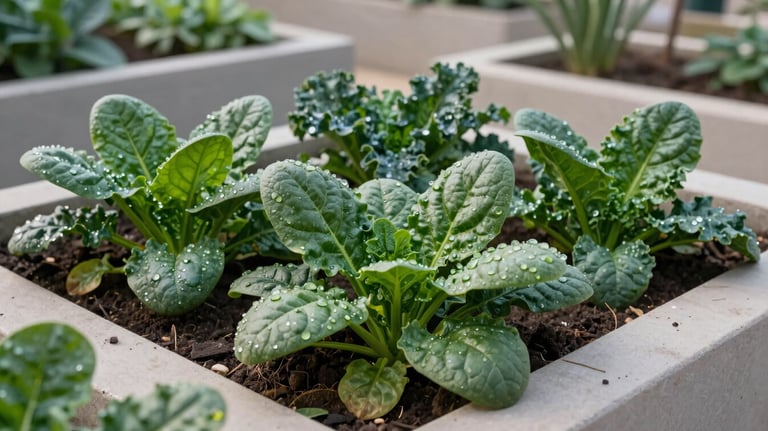 Vibrant green spinach and kale growing in a raised bed in a modern Middle Eastern / Gulf garden, morning dew on leaves, crisp photography.
