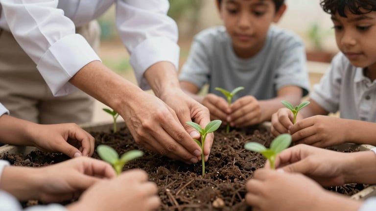 A close-up of a teacher's hands showing a group of children how to plant a seedling in compost-rich soil in a Middle Eastern / Gulf school garden.
