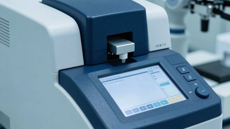 High-tech automated blood chemistry analyzer in a clean clinical setting. Close-up on the digital interface and mechanical arm. Tones of light sky blue and dark navy blue.