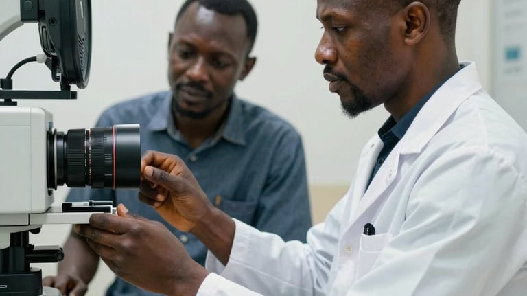 A West African technician in a white coat providing support to a colleague in front of a medical device. Professional, collaborative atmosphere in a bright room.