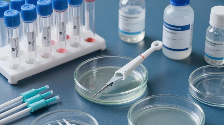 Studio photography of assorted laboratory consumables including sterile tubes, pipette tips, and petri dishes arranged neatly. Clean lighting with slate blue accents.