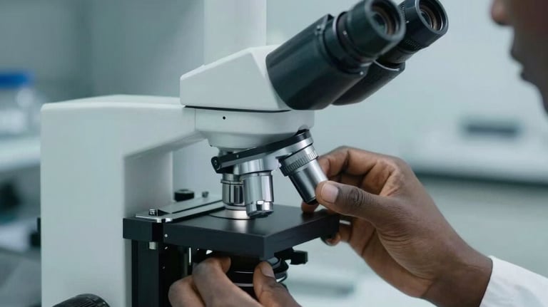 Close-up of an expert technician adjusting a high-performance microscope in a modern West African lab. Focus on precision and detail. Soft slate blue tones.