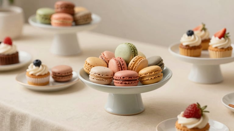 A beautifully styled sweet table with multi-colored macarons and petit fours on ceramic stands, off-white cream background.