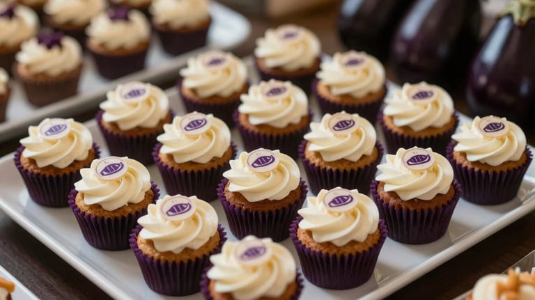 Elegant corporate buffet with mini cupcakes and branded sweets, dark eggplant purple and off-white cream color palette.