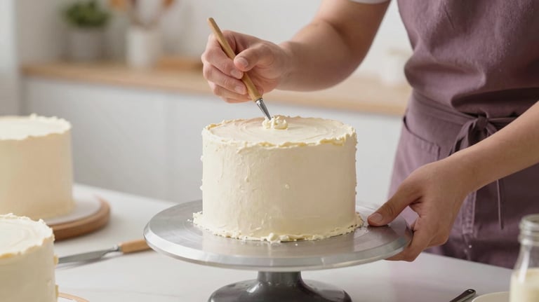 A close-up of hands teaching cake decorating in a bright French studio, muted plum and cream surroundings.