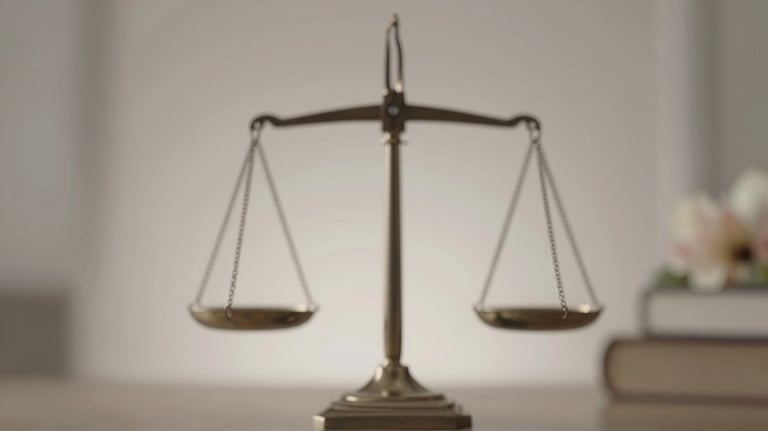 An abstract, sophisticated image of scales of justice softened by floral elements. Professional and empathetic. Palette: #3E3C3B, #F6F4F0.