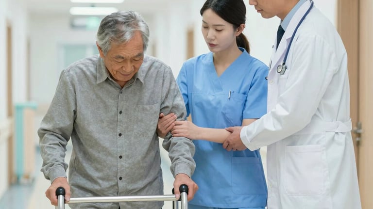 A doctor and nurse helping an elderly man with a cane walk down a hospital hallway near a wheelchair.