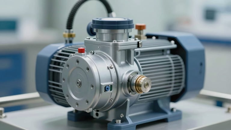 A close-up of a high-efficiency vacuum pump assembly for a milking system, showing durable mechanical components and clean engineering.