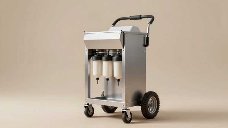 A portable single-bucket milking machine with a sturdy metal frame and large wheels, shown in a clean, well-lit studio setting with the brand's earthy colors in the background.