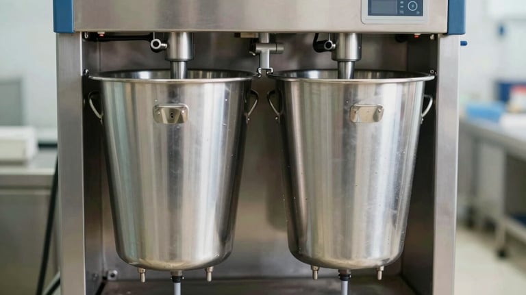 A professional double-bucket milking machine system. The stainless steel buckets are polished and reflective, highlighting the premium quality and hygiene focus of the brand.