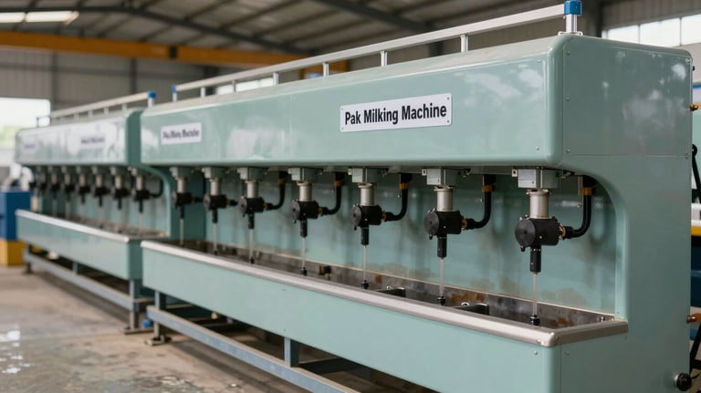 A row of new milking machines ready for delivery at the Pak Milking Machine warehouse in Bahawalnagar, showcasing stock availability.