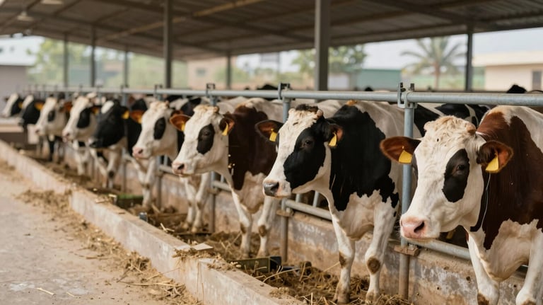A scene of a thriving dairy farm in Pakistan, featuring healthy cows and a clean environment where Pak Milking Machine units are actively used.