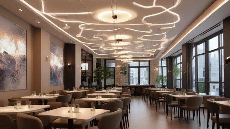 A bright, modern LED bulb glowing warmly in a cozy living room