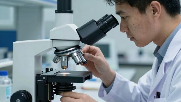 A scientist in an Indonesian laboratory examining a fish specimen under a microscope, professional setting with deep blue and white equipment.