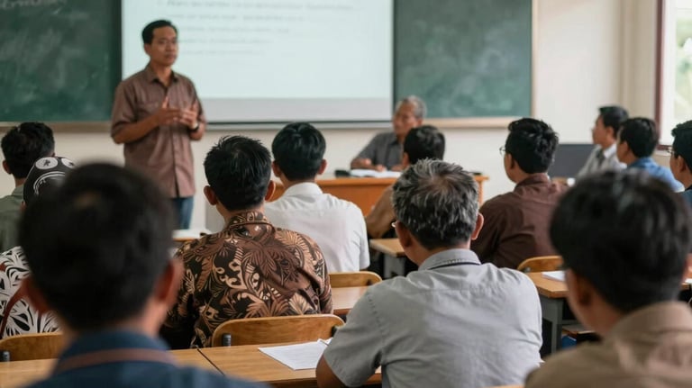 A group of Indonesian farmers in a classroom setting during a technical training workshop, focusing on a speaker, indoor lighting, academic atmosphere.