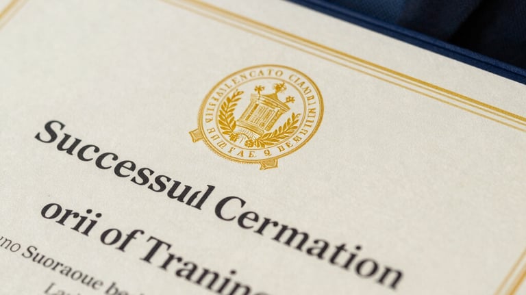 Close-up of a formal certificate with a government seal, held by a person in professional attire, symbolizing successful completion of training.