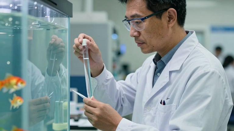 A professional Southeast Asian technician in a lab coat inspecting a water sample near a large fish tank, soft natural lighting, clean government facility atmosphere.