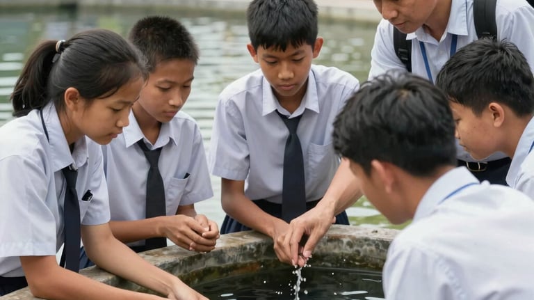 A group of Southeast Asian students in uniform participating in a practical learning session at a fish pond, guided by an expert instructor, bright daylight.