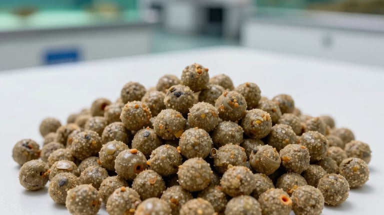 Close-up of high-quality fish feed pellets on a white surface, with a blurred background of a modern aquaculture nutrition laboratory, aqua green accents.